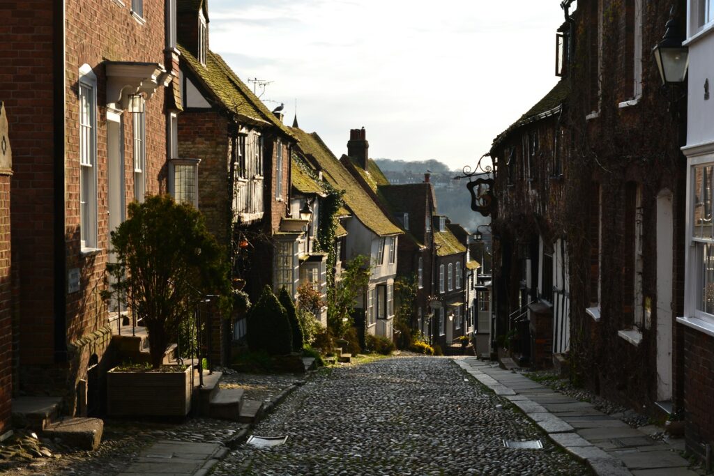 A cobblestone street between buildings in Rye.