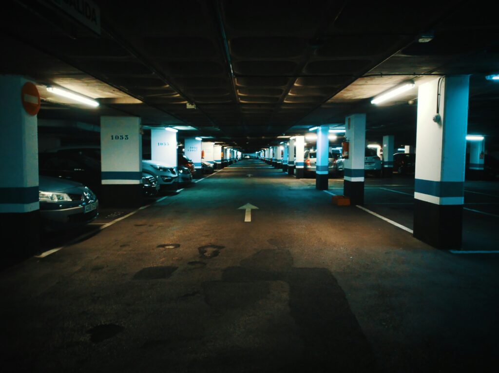 Cars parked in a parking lot in Madrid, Spain.