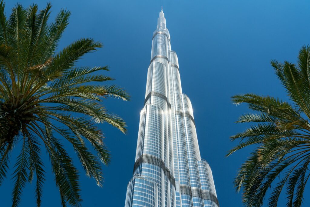 he Burj Khalifa, the world’s tallest building, towering over the Dubai skyline.