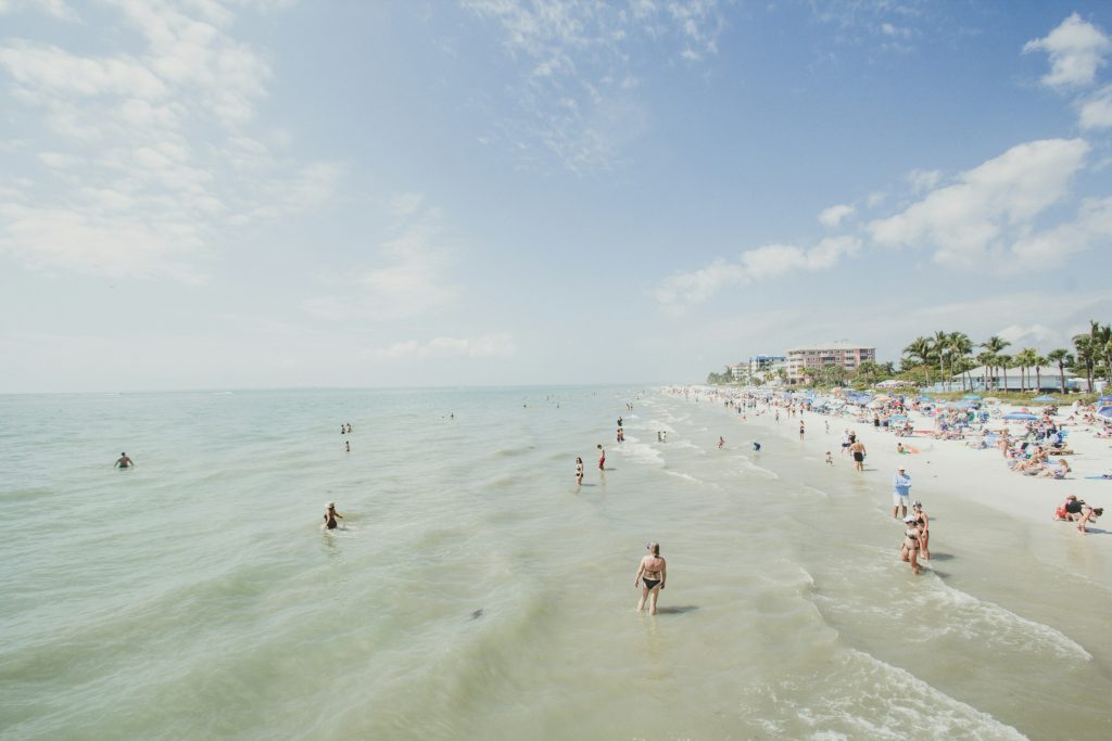 White sandy beach with clear waters at Fort Myers Beach, Florida.
