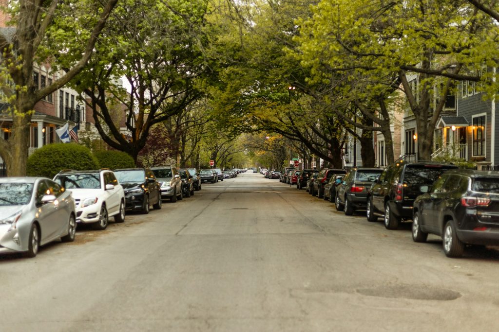 Cars parked on both sides of a tree-lined residential street.