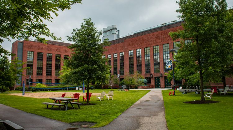 A large brick building with a grassy lawn in front of it on the Harvard University campus in Cambridge, Massachusetts